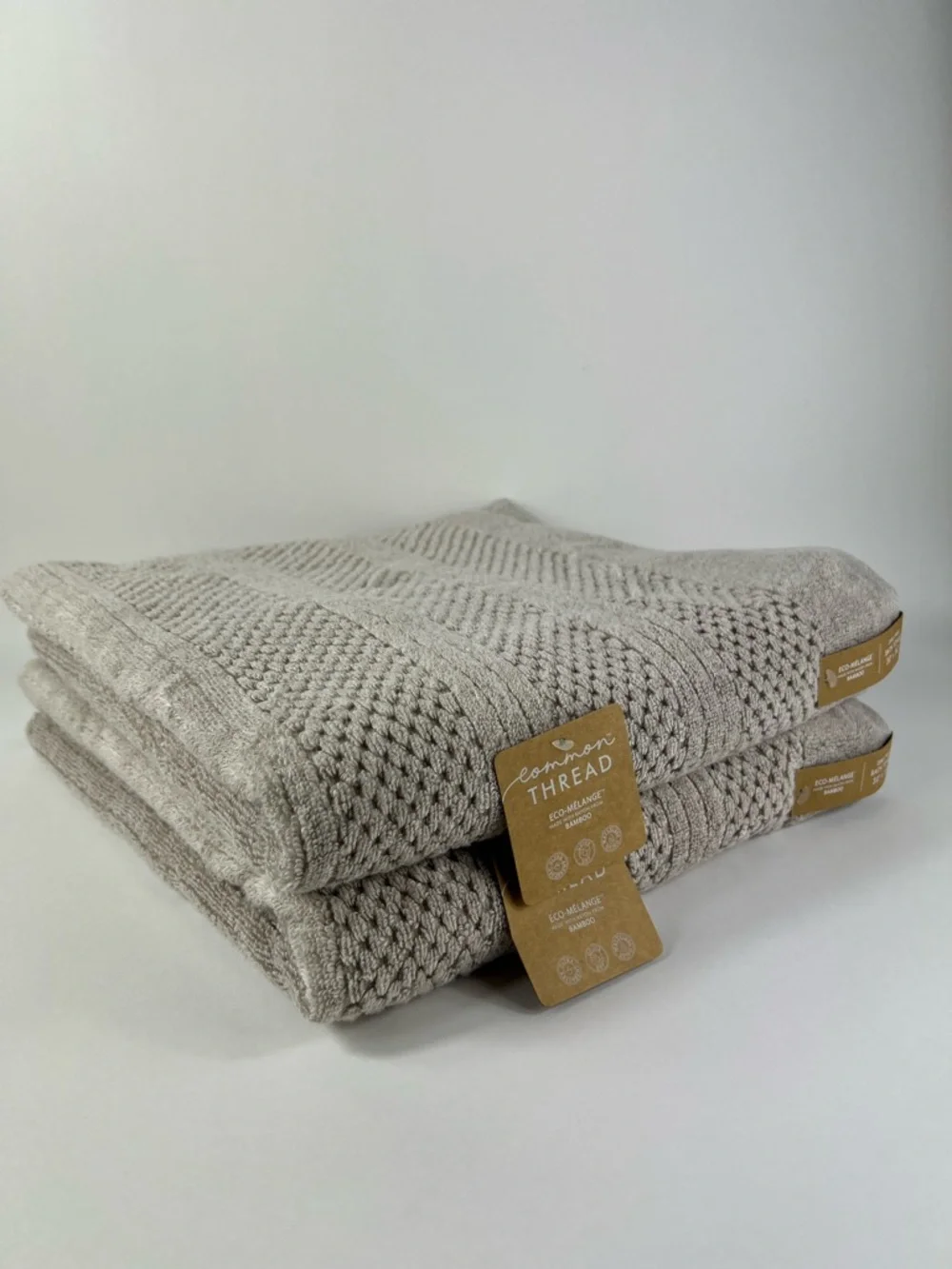 2 PC Common Thread Eco Melange BAMBOO Bath Towels Tan Oversized Zero Twist NEW